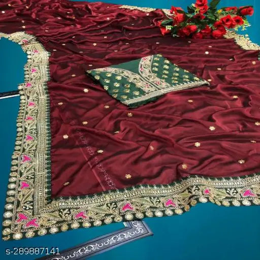 Maroon Vichitra Silk saree with heavy embroidery & lace, Indian designer party wear for women