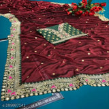 Maroon Vichitra Silk saree with heavy embroidery & lace, Indian designer party wear for women
