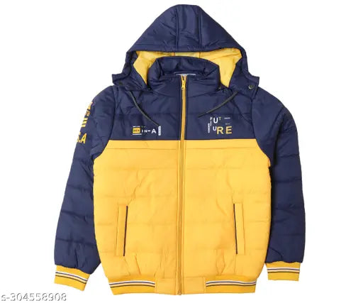 Indian Fort nylon winter jacket for boys, colorblocked design with zip closure. Solid pattern, easy to maintain. Size: 6-7 years. Made in India