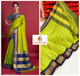 Lemon and navy Sanjivani Traditional Paithani Cotton Silk Saree with contrast blouse piece & zari pallu on display