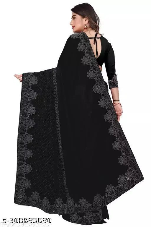 Black Georgette saree with trendy diamond work, embellished chiffon blouse, free size from India