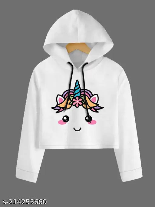 White unicorn-print crop hoodie for girls, full sleeve, high quality, permanent color, Indian origin
