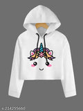White unicorn-print crop hoodie for girls, full sleeve, high quality, permanent color, Indian origin