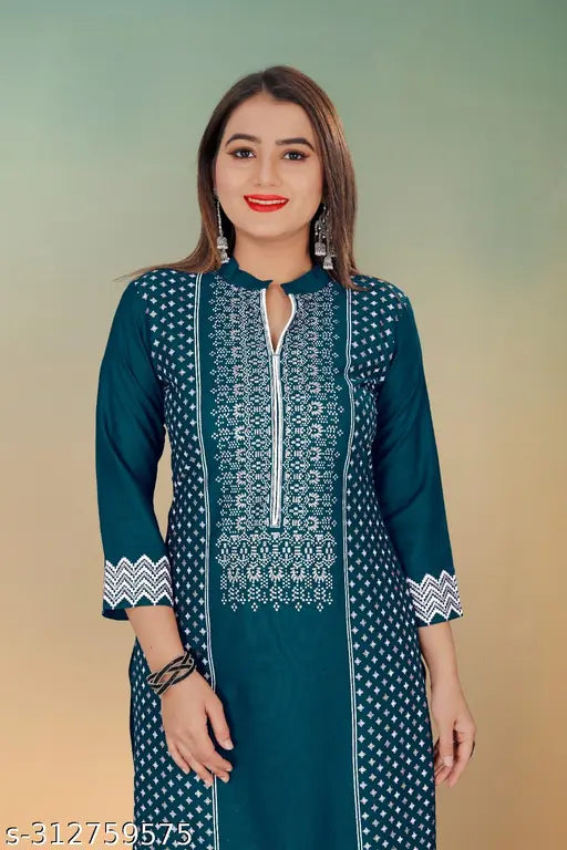 Rayon printed work fancy kurta set with palazzos bottoms for women, three-quarter sleeves
