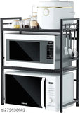 Green Touch 3-tier iron microwave oven stand, height adjustable with hooks - solid and sturdy kitchen storage rack for kitchen organization
