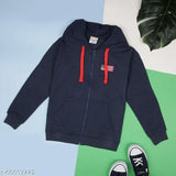 Solid front open hooded cotton sweatshirt with American flag embroidery, ribbed cuff and hem. Kids size 8-9 years, chest size 40 in. Soft feel, easy wash, long-lasting colors. Made in India