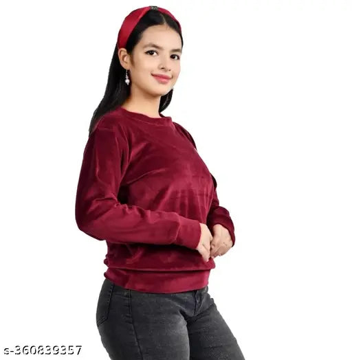 Maroon wool girls' full sleeve printed sweatshirt & t-shirt for kids (ages 8-13), Indian origin