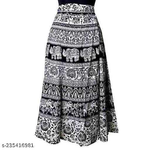 Black & white printed Rajasthani Jaipuri maxi cotton skirt, adjustable and free-size with side knotting ties, ideal for summer fashion