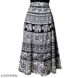 Black & white printed Rajasthani Jaipuri maxi cotton skirt, adjustable and free-size with side knotting ties, ideal for summer fashion