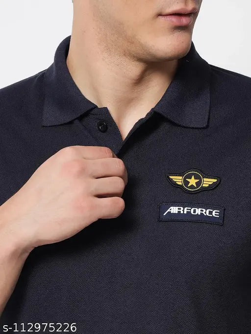 Navy blue cotton blend half sleeve mens collar neck t-shirt with printed design, short sleeves and regular fit