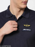 Navy blue cotton blend half sleeve mens collar neck t-shirt with printed design, short sleeves and regular fit