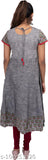 Grey cotton printed flared kurta for women, global craft-inspired style with three-quarter sleeves