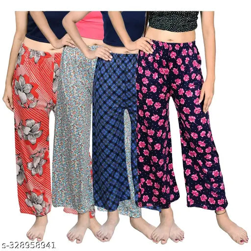 Soft polycotton maxi length printed women's track pant pyjama set (pack of 4), sizes S-XL, Indian origin