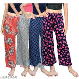 Soft polycotton maxi length printed women's track pant pyjama set (pack of 4), sizes S-XL, Indian origin