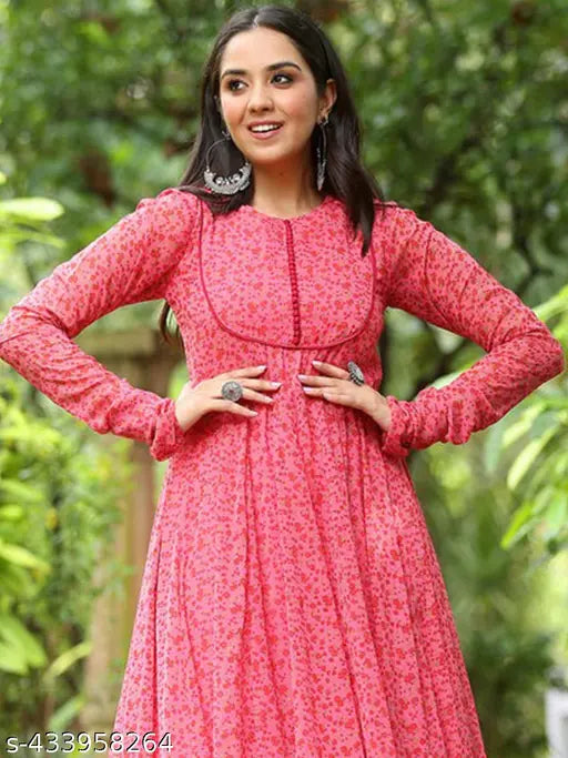 Floral printed maxi ethnic gown, Georgette with long sleeves and palazzos, Indian traditional kurta set in size S (36in bust, 14in shoulder)