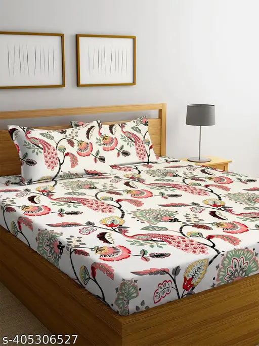 White floral premium cotton double flat bedsheets set with 2 pillow covers, new design, 90x90 inch