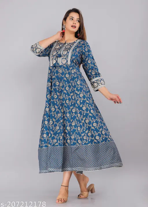 Blue rayon Anarkali kurti/gown with printed combo for women, three-quarter sleeves, Indian fashion