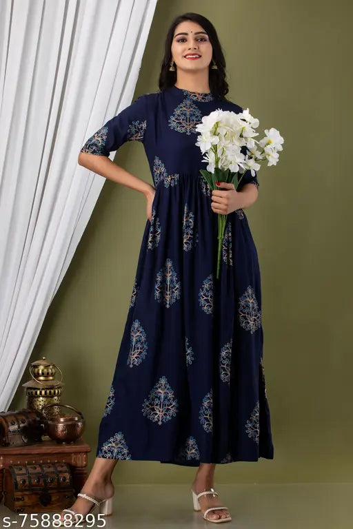 Blue printed rayon back chain closure style kurta for women, soft and comfortable Indian festive wear