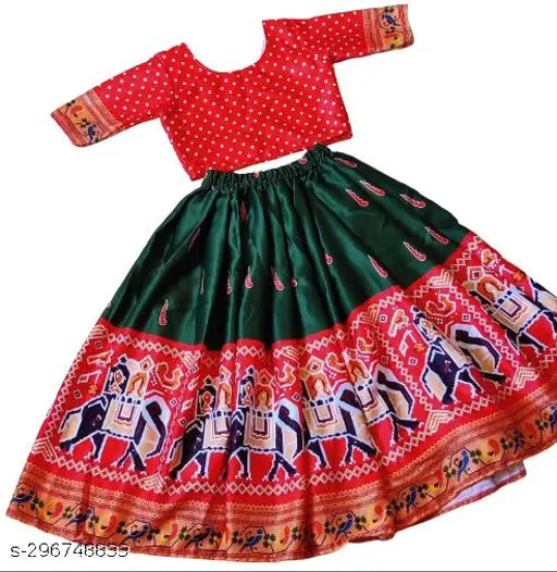 Kids satin lehenga set with crop top, printed ethnic motif, semi-stitched net. Ideal for wedding events, sizes range from 1-14 years. Made in India