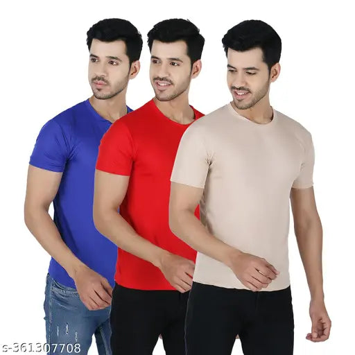 Men's solid polyester short-sleeve t-shirts, available in sizes S-XXL. Made in India