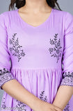 Purple hand-printed rayon kurti with floral designs, perfect for women's fashion and daily wear