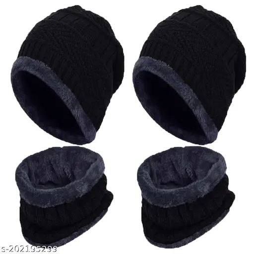 Black woolen cap & balaclava combo, warm winter wear for two by Aakarshini - self-design net pattern