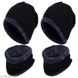 Black woolen cap & balaclava combo, warm winter wear for two by Aakarshini - self-design net pattern