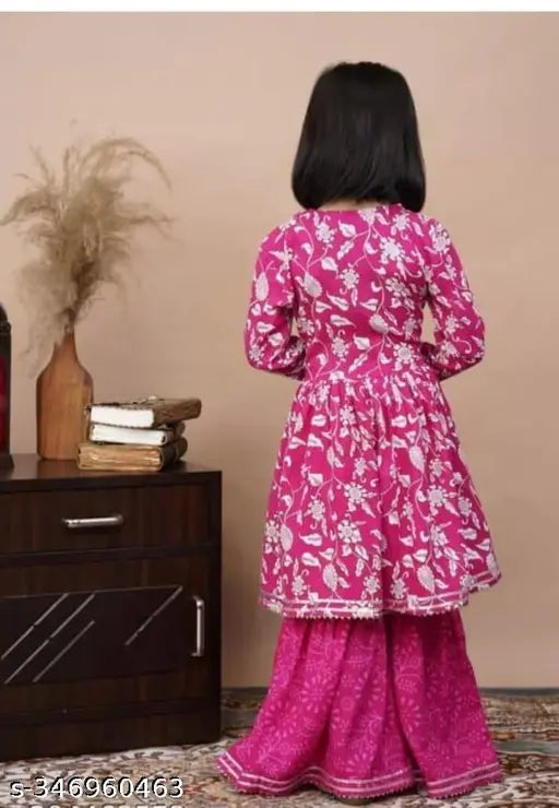 Rayon anarkali Sharara set with dupatta, printed pink kurta for girls aged 5-12 years, India origin