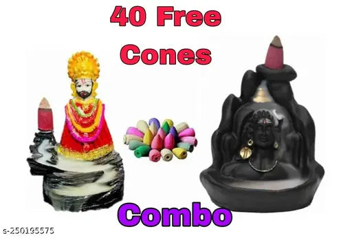 Poly Resin Indian God Idol Combo (Khatu Shyam, Shiv Yogi) with Free Backflow Cones