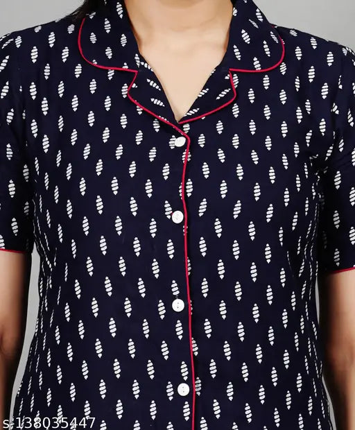 Nevy Blue Rayon Chhoti Print Night Suit: Short-sleeved shirt & pyjamas with printed net design, hand wash with care