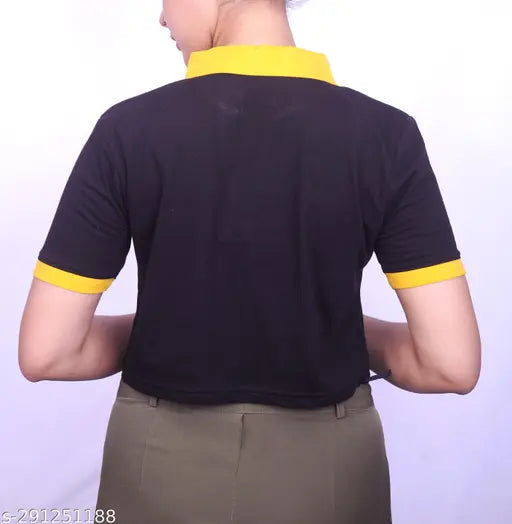 Stylish cotton crop top with contrast collar, solid pattern, short sleeves, size M-XL. Made in India