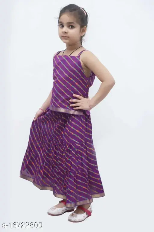 Cotton Lahariya block print lehenga and choli for baby girls, sleeveless skirt top with lace pattern on display