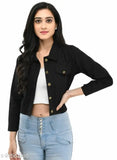 Black denim women's jacket, trendy design, India-origin, sizes S-XL