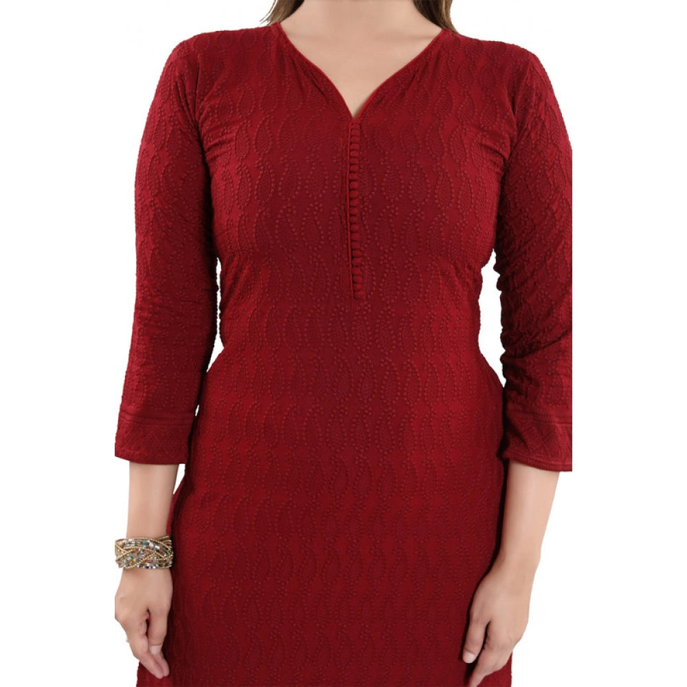 Red rayon embroidered straight kurti, casual and party-ready women's wear with 3/4th sleeves