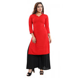 Red rayon embroidered straight kurti with 3/4th sleeves, casual & party wear for women