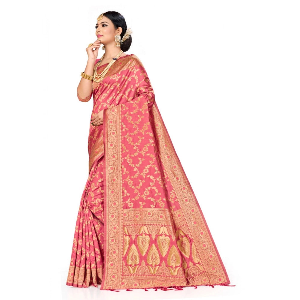 Peach Banarasi Silk saree (5.40mtrs), intricate multi-flower jall pattern weaving work
