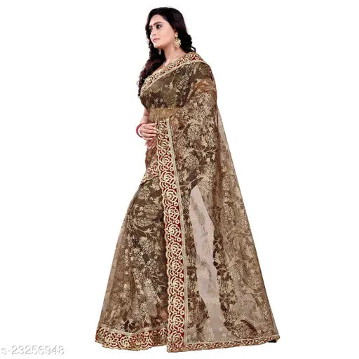 Embroidered net saree with separate dupion silk blouse, voguish Indian fashion accessory