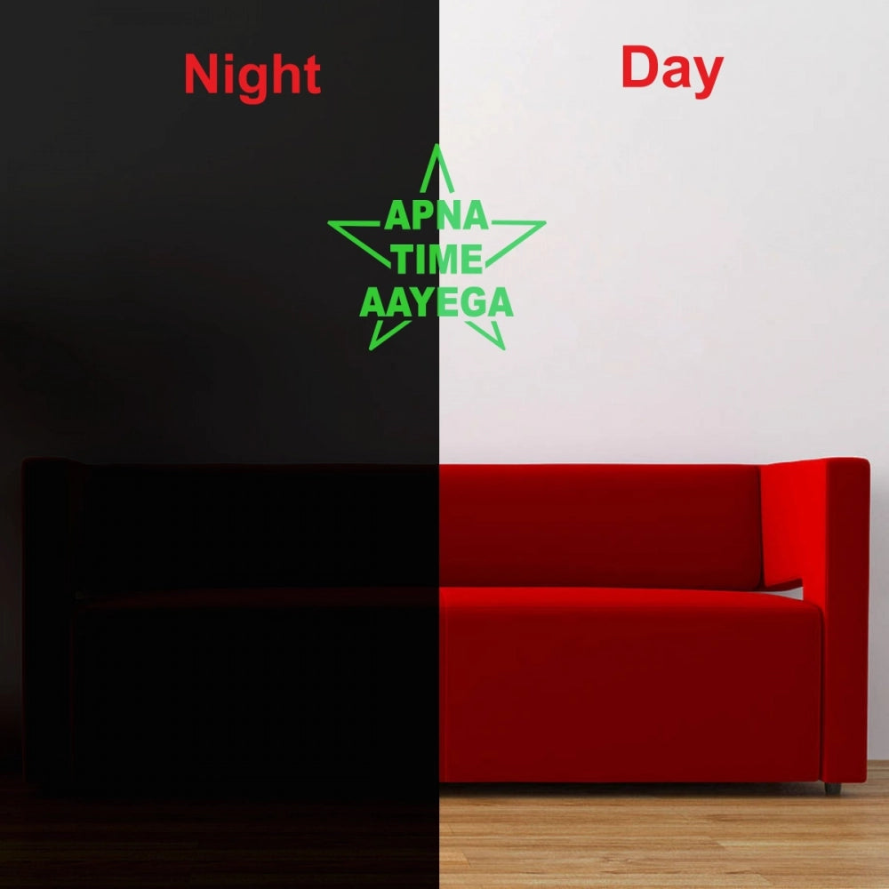 Green vinyl peel-and-stick Radium wall sticker 'Apna Time Aayega', 36x34cm, for calming bedroom decor