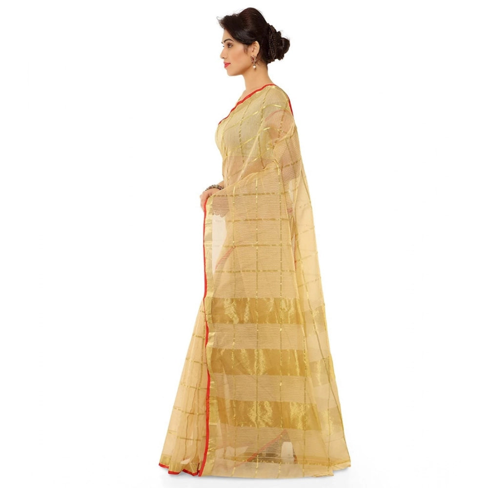 Chikoo Kota Doria Cotton saree set with blouse (6-3 meters), zari stripes design for casual, festive wear