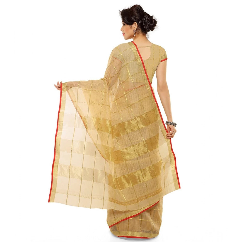 Chikoo Kota Doria Cotton Saree & Blouse (6-3 Mtrs), vibrant zari stripes for casual, festive wear