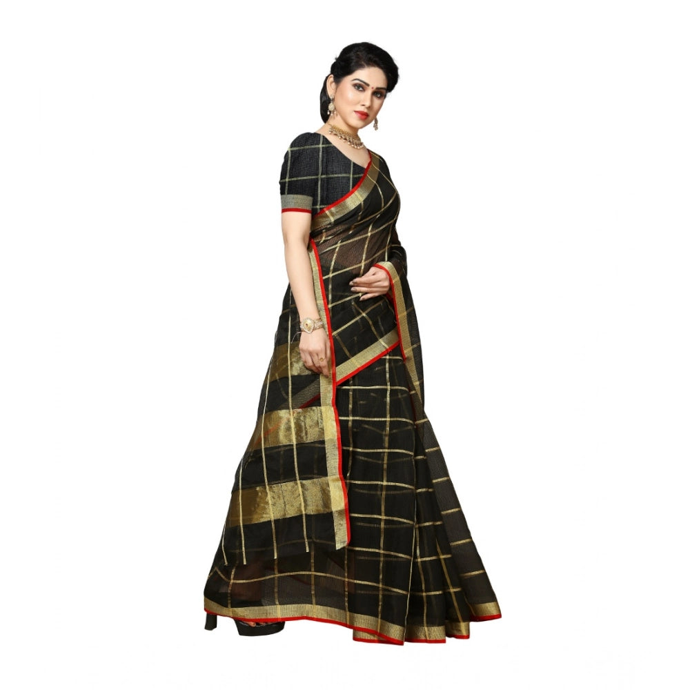 Black Kota Doria cotton saree with blouse (6-3 meters), traditional zari stripes for casual or festive wear