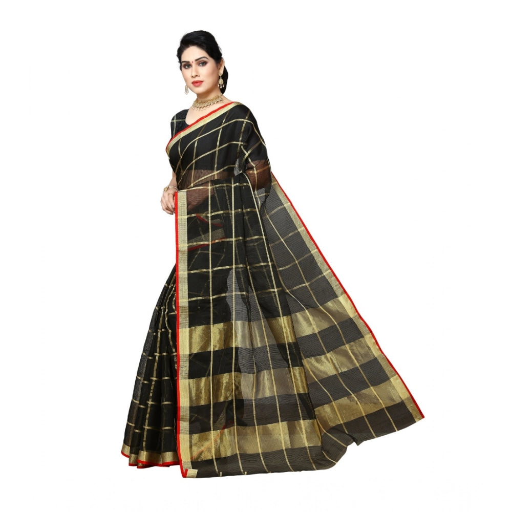 Black Kota Doria cotton saree with blouse (6-3 meters), intricate zari stripes design for casual, festive wear