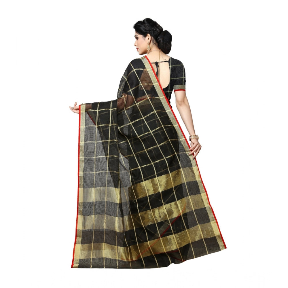 Black Kota Doria cotton saree with blouse (6-3 meters), intricate zari stripes design for casual, festive wear
