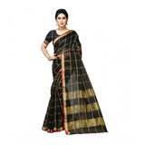 Black Kota Doria cotton saree with blouse (6-3 meters), intricate zari stripes design for casual, festive wear by women