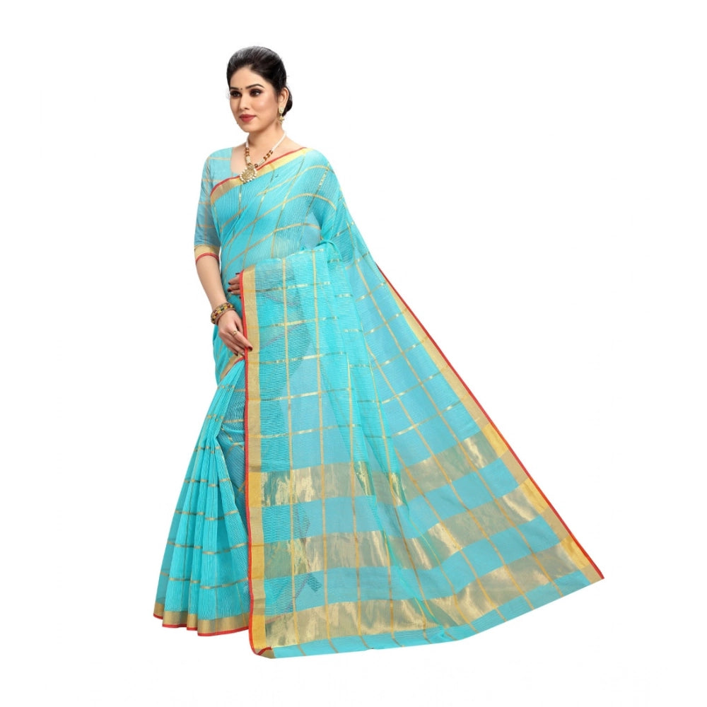 Sky Blue Kota Doria cotton saree with blouse (6-3 mtrs), intricate zari stripes design for casual or festive wear by women