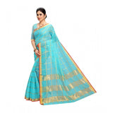 Sky Blue Kota Doria cotton saree with blouse (6-3 mtrs), intricate zari stripes design for casual or festive wear by women