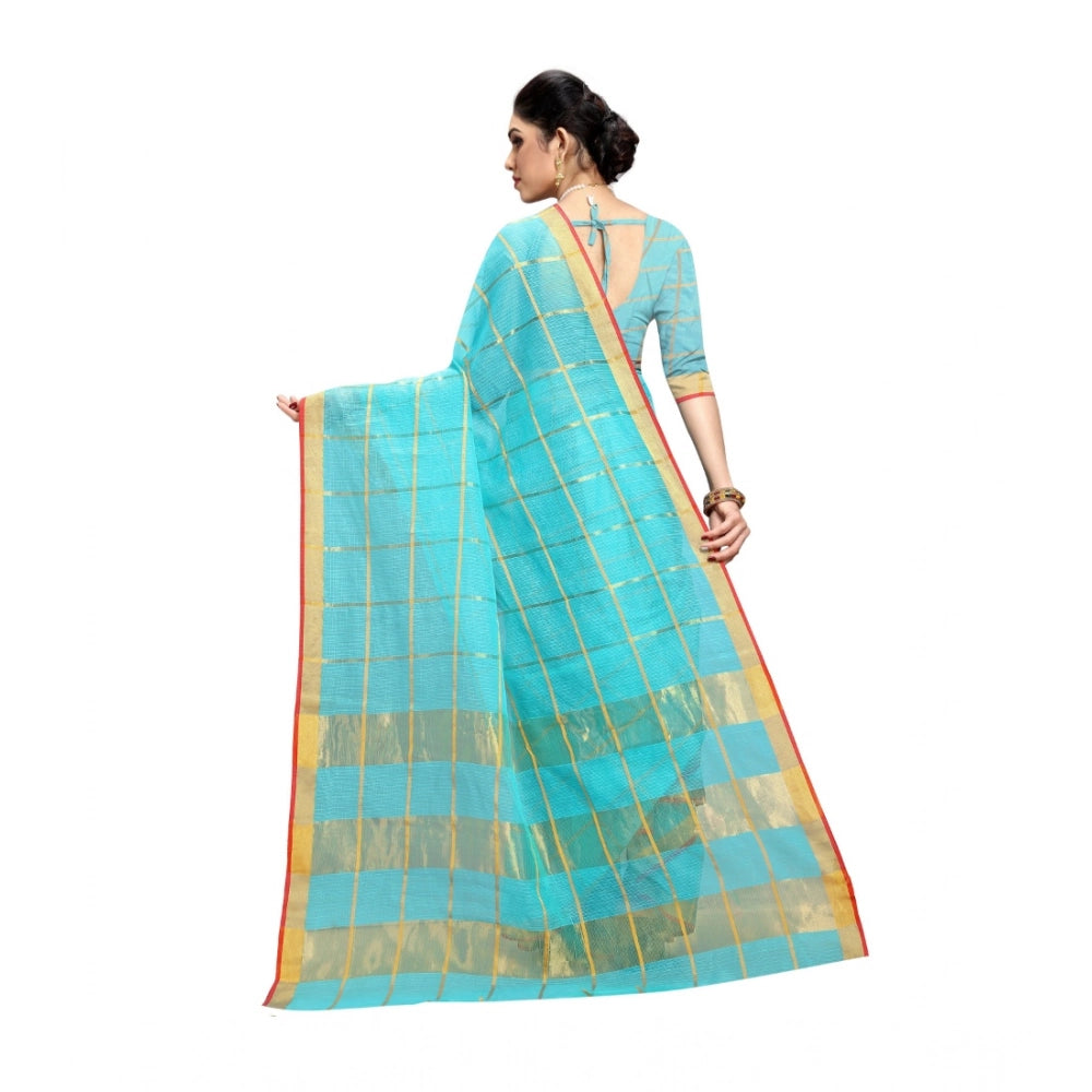 Sky Blue Kota Doria Cotton Saree with Blouse (6-3 Mtrs), intricate zari stripes for casual, festive wear