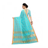 Sky Blue Kota Doria Cotton Saree with Blouse (6-3 Mtrs), intricate zari stripes for casual, festive wear