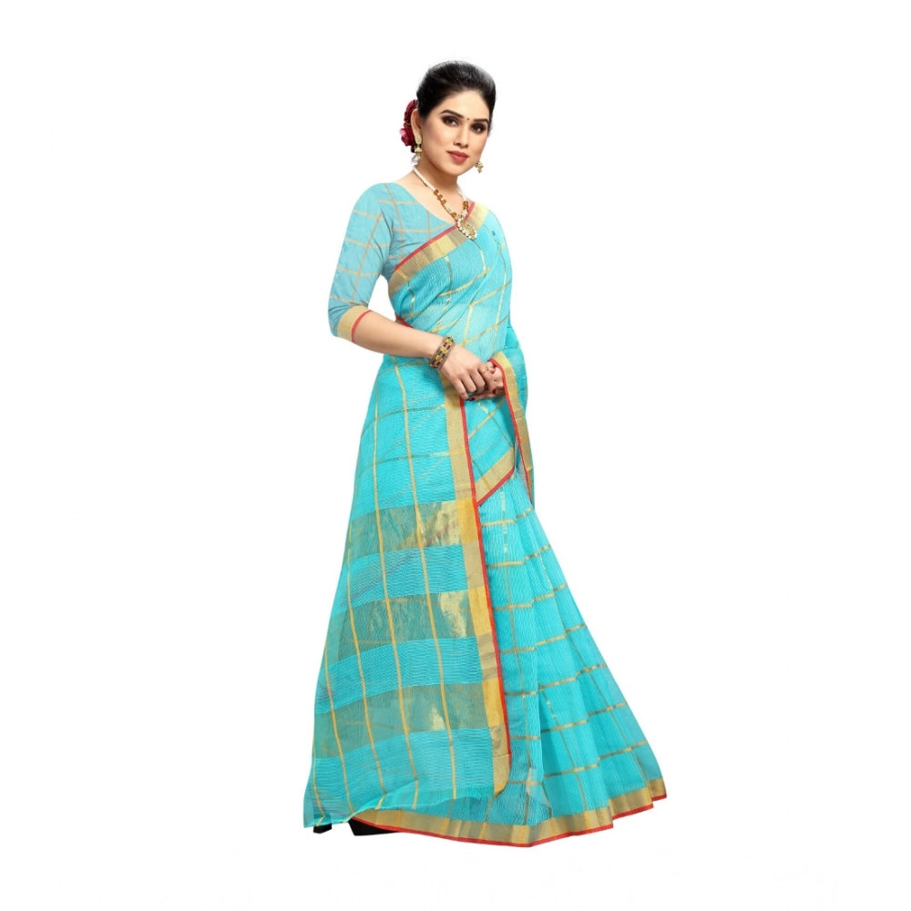 Sky Blue Kota Doria Cotton saree with blouse (6-3 mtrs), traditional zari stripes design for casual and festive wear