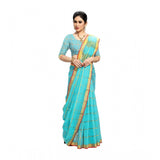 Sky Blue Kota Doria cotton saree with blouse (6-3 mtrs), zari stripes design for casual, festive wear by women